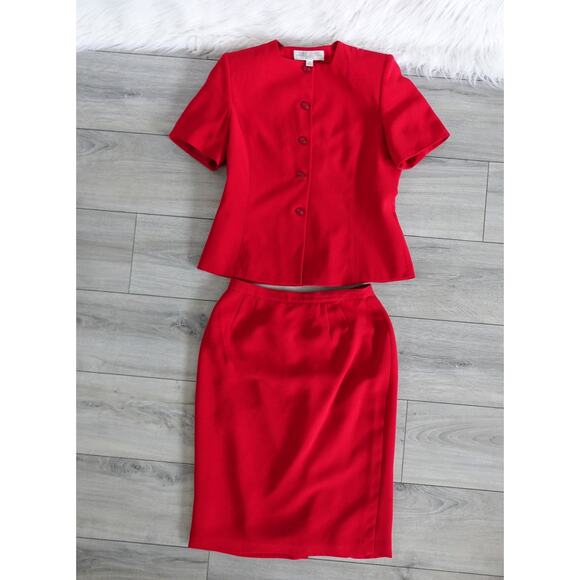 Vintage Retro 80s 90s Larry Levine Red Short Sleeve Skirt Blouse Suit Set 10 - Picture 1 of 13